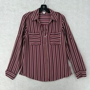Express Portofino Top Womens‎ MEDIUM Slim Shirt Striped Roll Tab Sleeve Burgundy